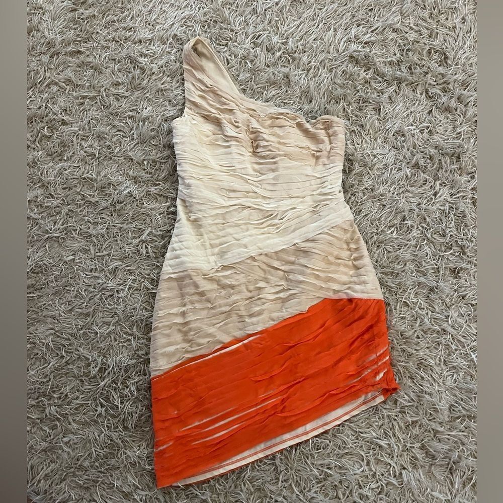 Elegant One-Shoulder Cream and Orange Dress- Kardasian Bebe brand medium